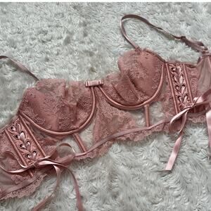 Victoria's Secret Blush Pink Bow Sheer Lace Padded Corset Top Bustier Coquette
